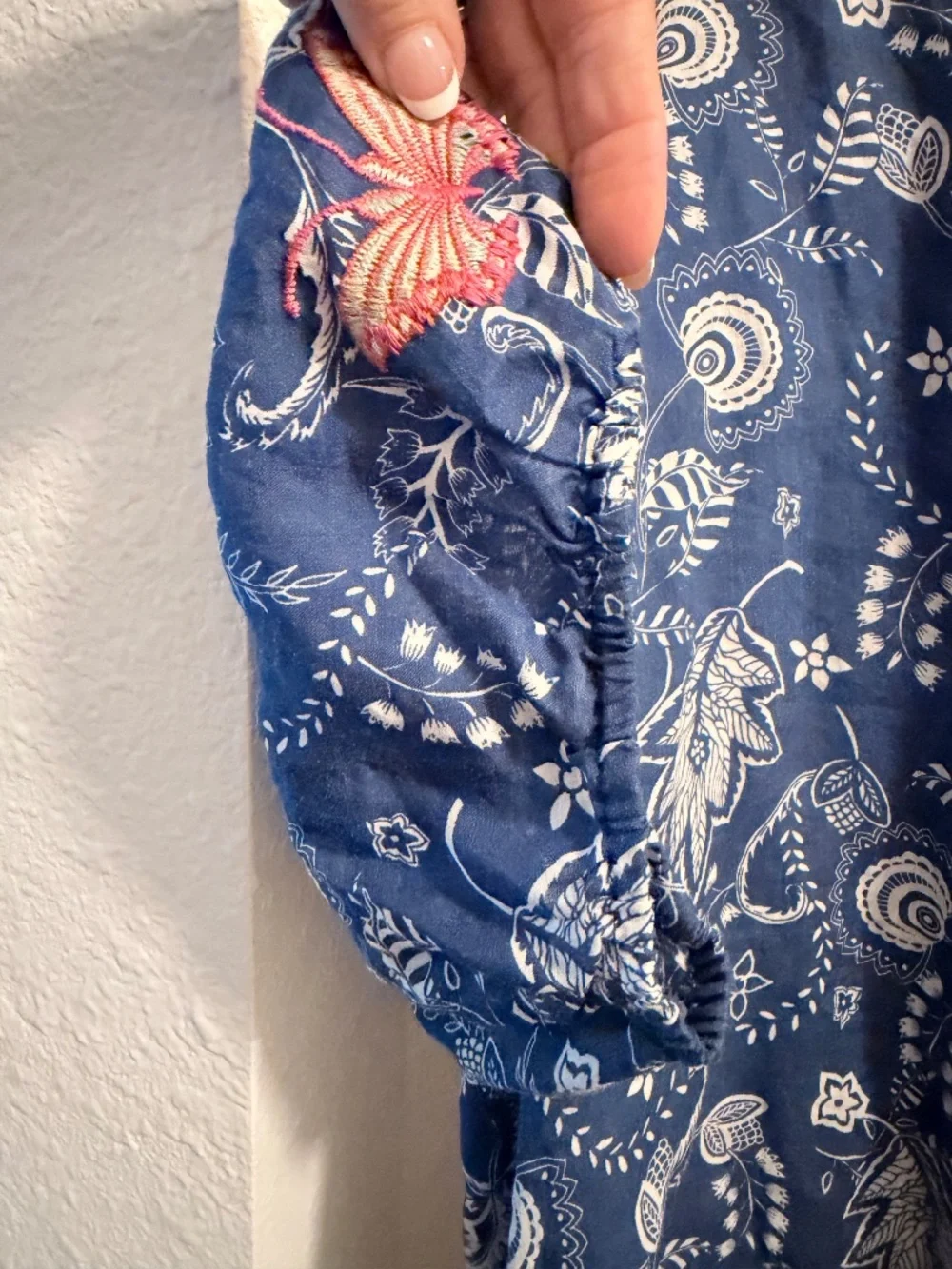 Johnny Was Workshop Embroidered Butterfly Puff Sleeve Blouse XXL Blue Ramie